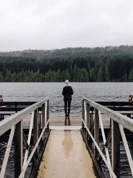 Plan vertical d'une jetée près d'un plan d'eau avec une personne debout au centre regardant le lac — Photo