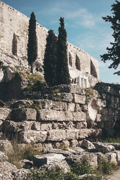 Colpo basso verticale di un vecchio edificio con alberi verdi sotto il bel cielo nuvoloso — Foto Stock