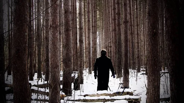Широкий знімок чоловіка, що стоїть між деревами в зимовому лісі, вкритому снігом — стокове фото