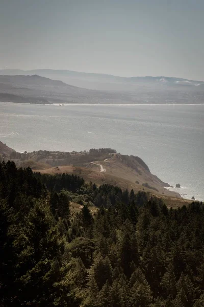 Vertical shot of hills by the body of water surrounded with a forest of trees — Stock Photo, Image