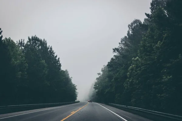 Beautiful shot of a road in the middle of trees with cars in the distance under a cloudy sky — Stock Photo, Image