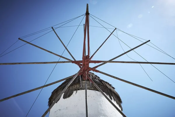 Low angle shot of a windmill in Mykonos Island under the beautiful blue sky — 스톡 사진