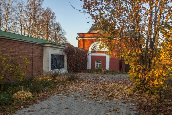 Горизонтальний постріл заднього двору в Росії з червоною цегляною будівлею і впали листя під час осені — стокове фото