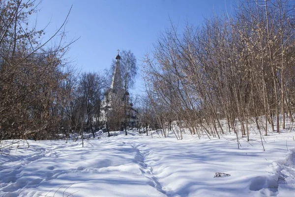 Чудовий знімок парку біля річки Яузи (Москва), вкритий снігом з церквою. — стокове фото