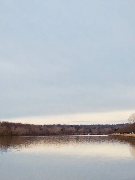 Tiro vertical de um belo lago cercado por árvores secas sob o céu azul — Fotografia de Stock