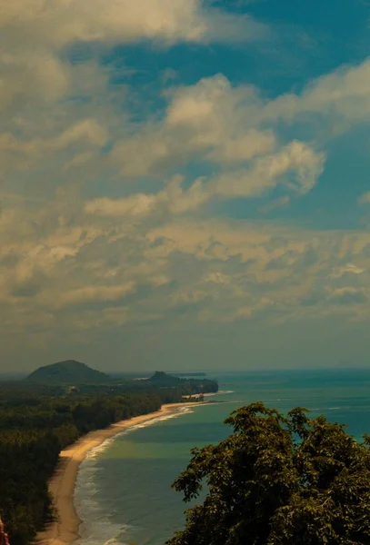 Tiro vertical de la orilla del mar con árboles bajo un cielo azul nublado —  Fotos de Stock