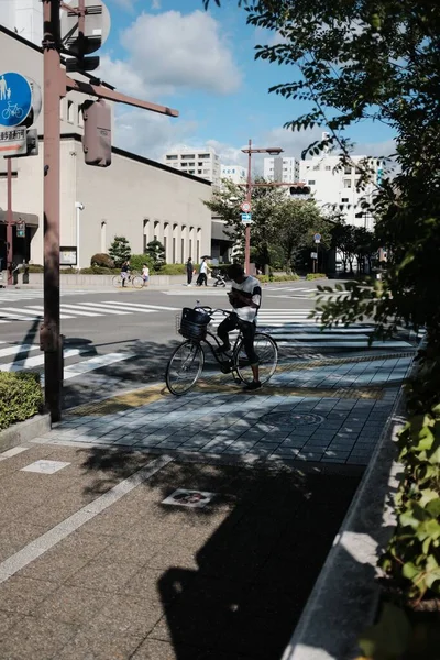 Plan vertical d'un homme chevauchant un vélo sur une zone piétonne près de la rue avec des bâtiments et des arbres — Photo