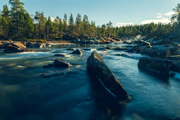Vackra horisontella skott av en flod med en hel del stenar omgivna av gröna lövträd — Stockfoto