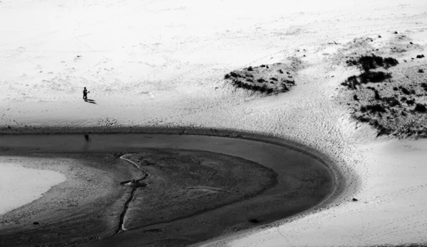 在泥泞的地面附近的沙滩上行走的人的水平灰度照片 — 图库照片
