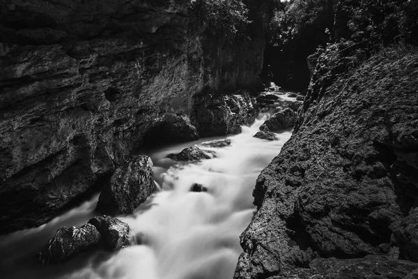 High angle shot of water flowing in between two cliffs in black and white