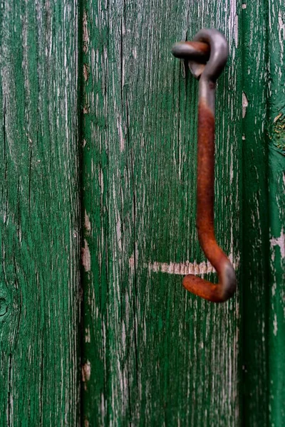Tiro vertical de uma velha porta de madeira verde com um prego pendurado — Fotografia de Stock