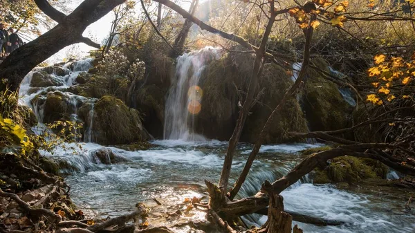 Een Idyllische Opname Van Een Waterval Die Een Rivier Stroomt — Stockfoto