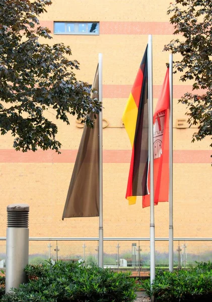 Colpo verticale della bandiera tedesca posto tra altre due bandiere — Foto Stock