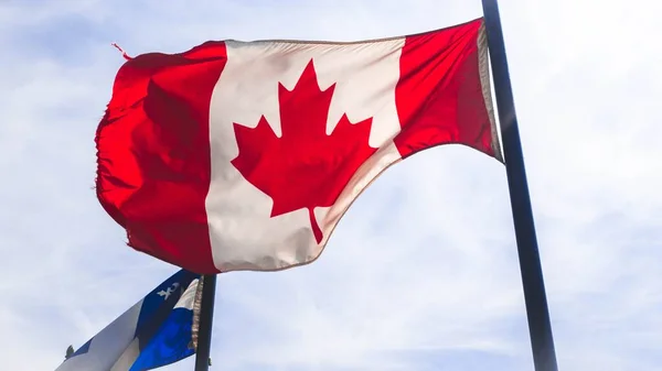Horizontal closeup of the national flag of Canada waving with the flag of Quebec in the back – stockfoto