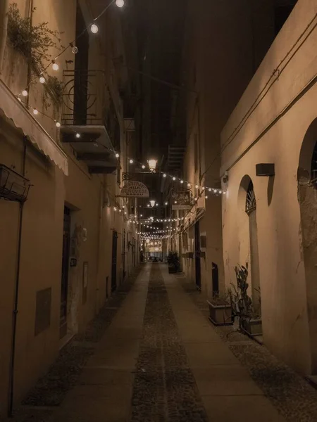 Vertical shot of an empty alleyway in the middle of buildings at nighttime — Stock Photo, Image
