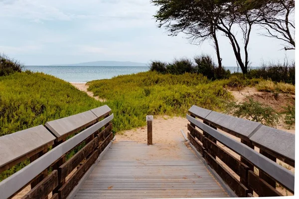 Горизонтальний знімок дерев'яної доріжки, що веде до пляжу з спокійним морем в полі зору — стокове фото