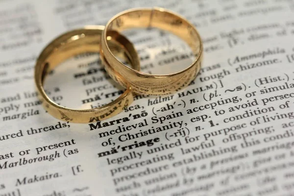 Closeup shot of two golden wedding wings on an open-up dictionary — Stock Photo, Image