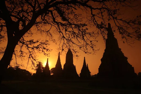 Piękna sylwetka świątyni Ayuthaya w Tajlandii podczas zachodu słońca. Idealny na tapetę. — Zdjęcie stockowe