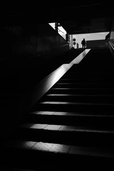 Tiro vertical a escala de grises de escaleras en un túnel y una persona saliendo del túnel —  Fotos de Stock