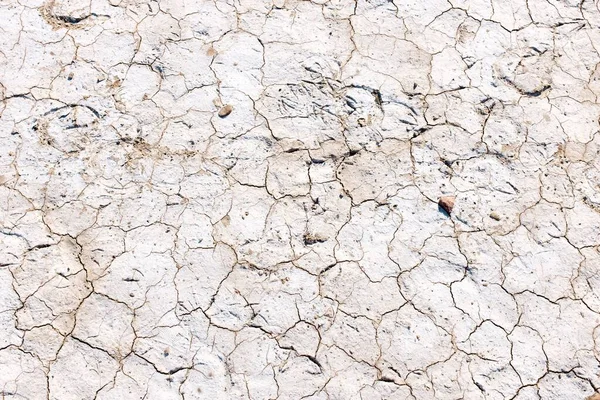 Накладний знімок білого сухого тріснутого ґрунту в пустелі. Ідеально підходить для шпалер або фону . — стокове фото