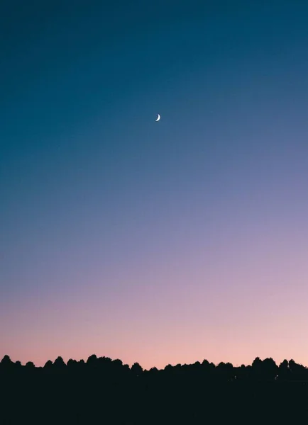 Tiro vertical do céu noturno com a lua crescente visível acima de silhuetas de árvores — Fotografia de Stock