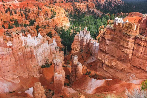 Una Toma Aérea Cañón Rocoso Montaña Con Suelo Rojo Cubierto —  Fotos de Stock