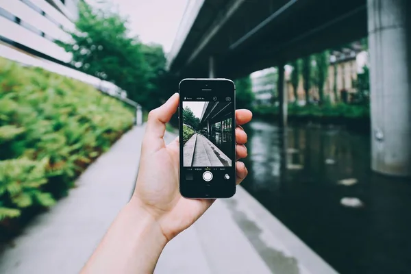 Touristin mit Smartphone, die tagsüber ein Foto vom schönen Grün am Wasser macht — Stockfoto