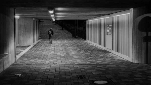 Beautiful shot of a person walking on an alleyway in the middle of a building sin black and white — Stock Photo, Image