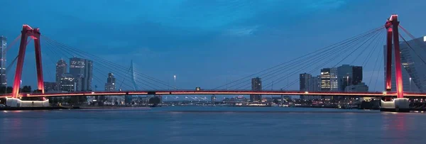 Vue d'ensemble d'un beau pont suspendu près d'immeubles de grande hauteur la nuit — Photo