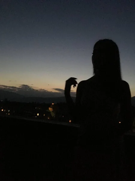 Une Photo Silhouette Verticale Une Femme Debout Sur Vue Nocturne — Photo