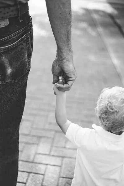 Scala di grigi verticale di un padre che cammina in un parco con suo figlio che si tiene per mano — Foto Stock