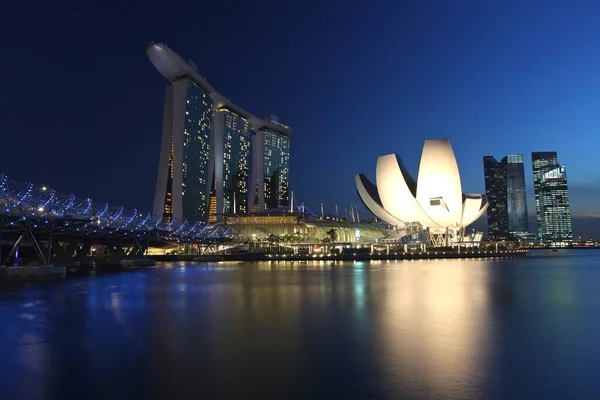 Zdjęcie krajobrazowe wysokich drapaczy chmur i abstrakcyjna konstrukcja w pobliżu akwenu wodnego w Singapurze — Zdjęcie stockowe