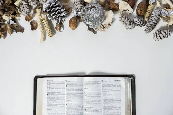 Aufnahme einer geöffneten Bibel in der Nähe von Tannenzapfen und einem Ornament auf einer weißen Oberfläche — Stockfoto