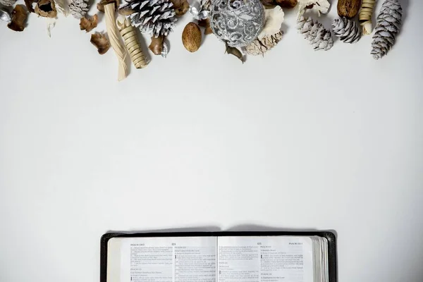 Tiro aéreo de uma bíblia aberta em uma superfície branca com cones de pinheiro e um ornamento no topo — Fotografia de Stock
