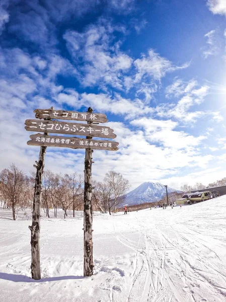 Japonya 'nın kuzeyindeki Hokkaido adasındaki Niseko kayak merkezindeki tahta tabelanın dikey görüntüsü. — Stok fotoğraf