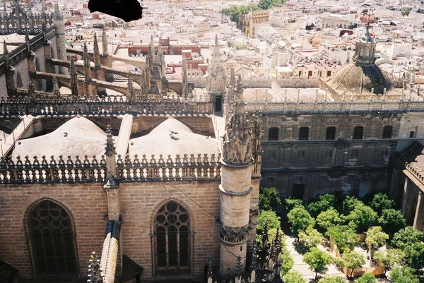 Vacker hög vinkel skott av Sevilla katedralen och en hel del höga byggnader under klar himmel — Stockfoto