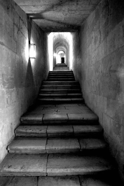 Κατακόρυφη γκρι κλίμακα μιας σκάλας που διέρχεται από ένα διάδρομο — Φωτογραφία Αρχείου