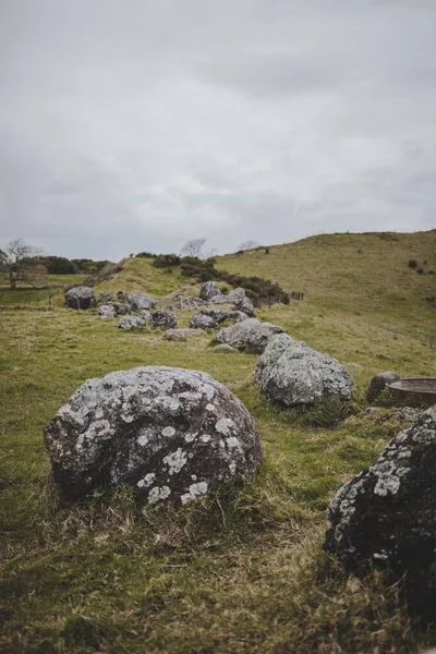 Tiro vertical de un campo lleno de rocas de diferentes tamaños bajo el cielo sombrío — Foto de Stock