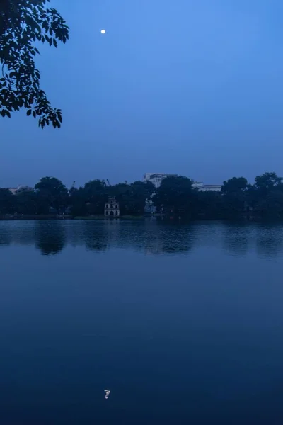 緑の木々と夜空の満月の反射と穏やかな湖の垂直ショット — ストック写真