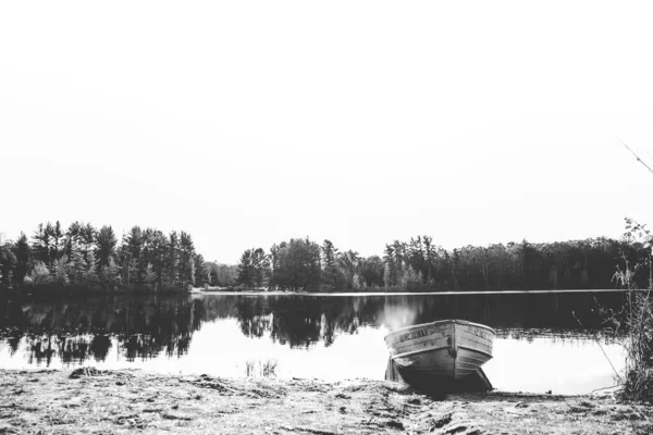 Belle prise de vue d'un bateau sur l'eau près du rivage avec des arbres au loin en noir et blanc — Photo