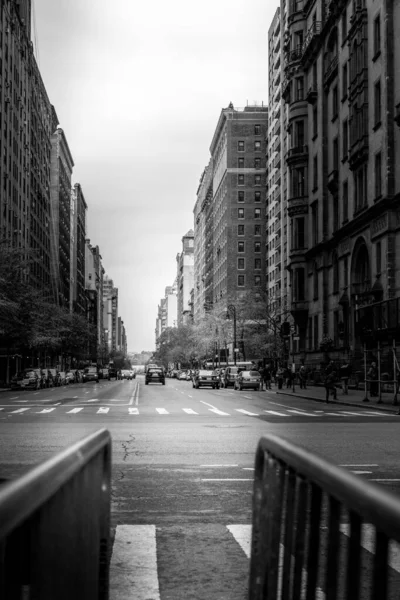 Vertical greyscale shot of a busy city street with beautiful buildings on the two sides — Stock Photo, Image