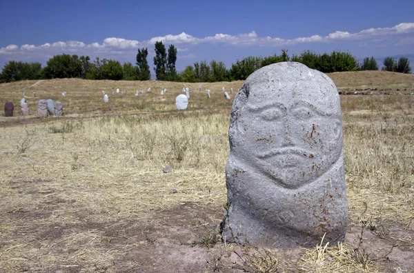 Niski Kąt Ujęcia Starożytnych Posągów Trawiastym Wzgórzu Zdobytym Kirgistanie — Zdjęcie stockowe