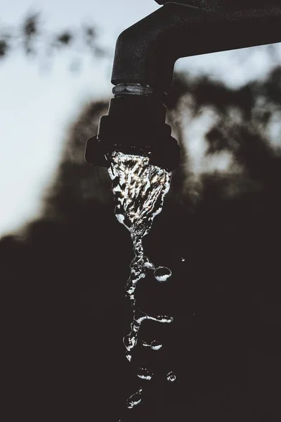 Tiro Enfoque Selectivo Vertical Del Agua Que Gotea Grifo Con — Foto de Stock