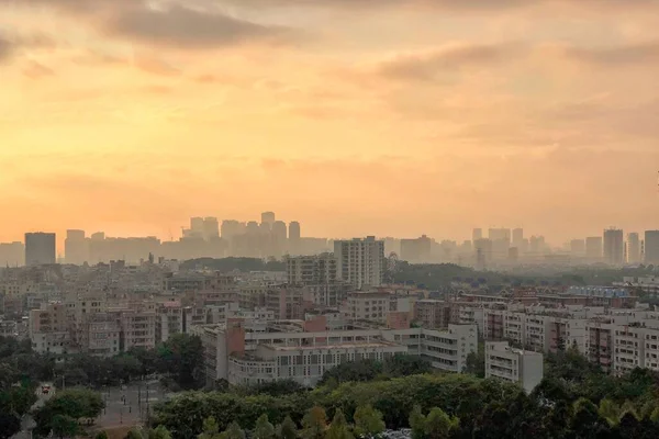 Vue Aérienne Panoramique Paysage Urbain Sous Ciel Orange Coucher Soleil — Photo