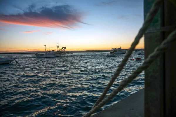 Shallow Focus Shot Numerous Boats Seacoast Sunset — Stock Photo, Image
