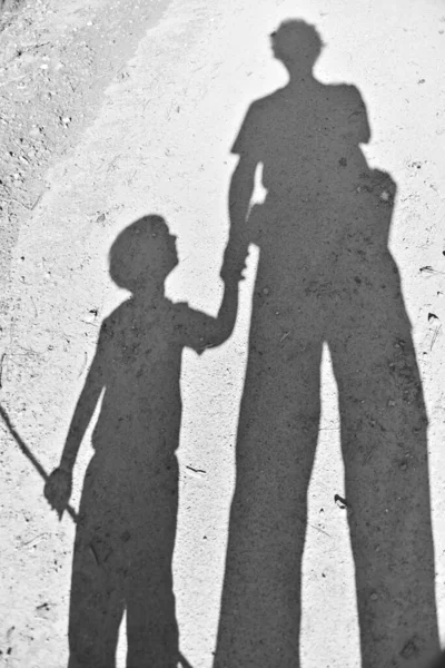 A vertical high angle shot of the shadow of a person holding the hand of a child