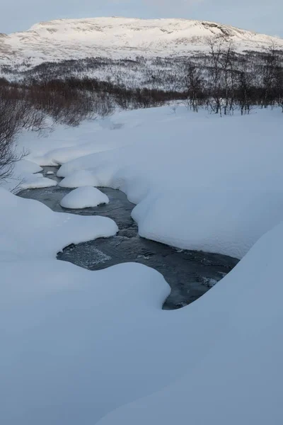 Μια Κάθετη Εικόνα Του Παγωμένου Νερού Που Περιβάλλεται Από Χιόνι — Φωτογραφία Αρχείου