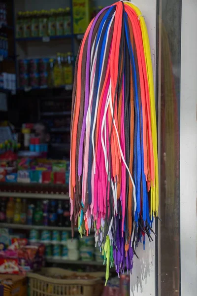 Selective Shot Numerous Colorful Shoelaces Hanging Hanger — Stock Photo, Image