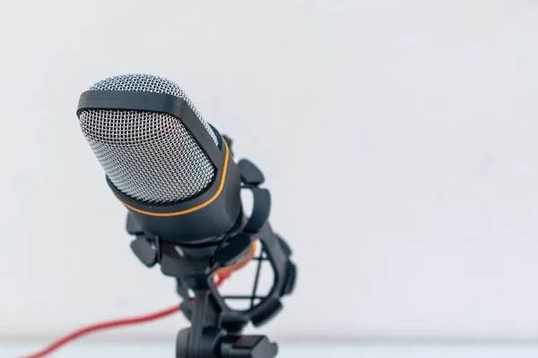 Closeup Black Grey Microphone White Surface Background — Stock Photo, Image