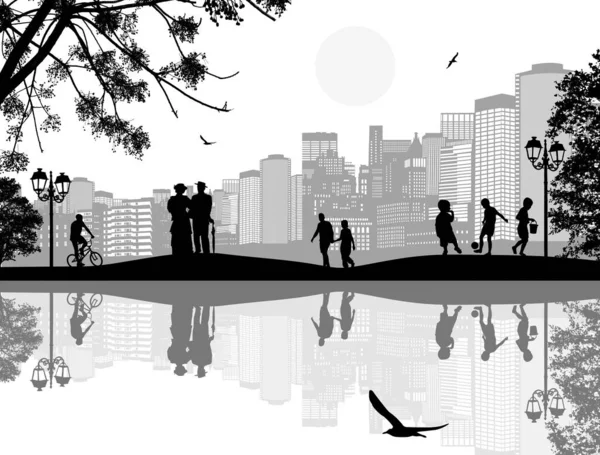 都市を背景にした人々のシルエットのイラスト — ストック写真